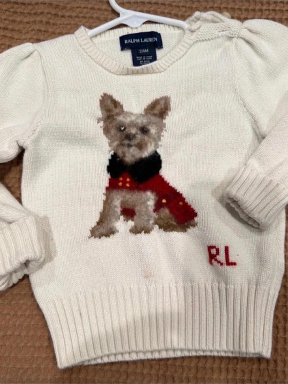 Ralph Lauren Cream Knit Sweater with Dog Motif and Red Accent